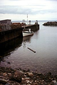 Photo of boat in water next to a dock