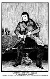 An Irish aristocrat, seated, playing the Uilleann pipes.