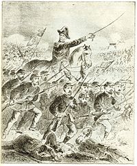 Drawing depicting a mounted figure in bicorne hat with raised sword leading charging foot soldiers holding rifles with bayonettes fixed