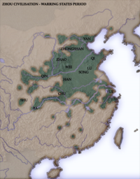 A terrain map of China highlighting regions mostly in the north China plain near rivers. The map labels "ZHOU CIVILIZATION" and contains about a dozen labels indicating the various states of China, such as YUE on the southern coast, QIN in the western inland regions, YAN on the northern coast, QI on the central coast, WEI, HAN, AND ZHAO in the central plains, LU and SONG in the Eastern plains and CHU in the Southern inland regions