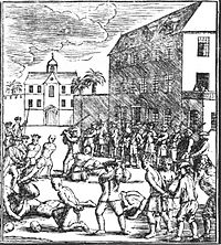 A black and white drawing of the execution of Chinese prisoners during the Batavia massacre. Decapitated heads can be seen on the ground, with one Dutch soldier in the midst of decapitating another prisoner. Armed guards stand watch over the group, including the prisoners queued for execution.