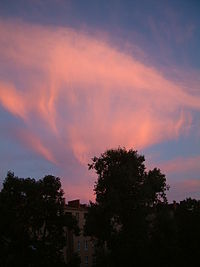 A picture of contorted cirrus clouds shining red in the sunset. Fall streaks (like long thin streamers) descend from the clouds.