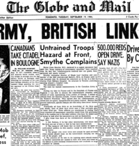 Section of newspaper page, with the words 'The Globe and Mail' across the top. In the center is an article entitled 'Untrained Troops Hazard at Front, Smythe Complains'