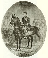 Drawing depicting a figure in military dress uniform and kepi mounted on a black horse with marching and mounted figures in the background