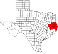 Map of Texas highlighting counties served by the Deep East Texas Council of Governments.