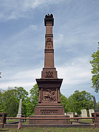 A large brown stone monument with "Wooster" inscribed at the base