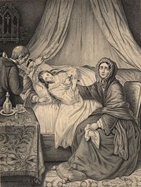 An engraving showing a woman lying in a draped bed and clutching a cross, with a woman dressed in mourning seated at the side of the bed, while a priest and 2 women wait next to a table on the left side of the picture