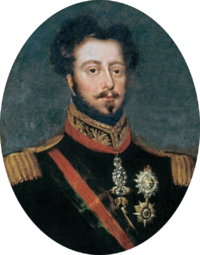 Half-length painted portrait of a brown-haired man with mustache and goatee, wearing a uniform with gold epaulettes and the Order of the Golden Fleece on a red ribbon around his neck and a black and red sash of office across his chest