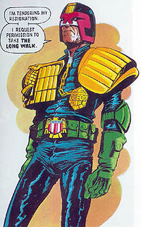 Dredd standing upright, viewed from the thighs up. He says "I'm tendering my resignation. I request permission to take the Long Walk."