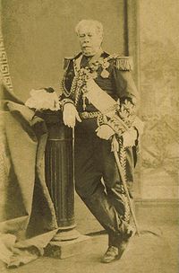Full-length photographic portrait depicting an older man with moustache resting his right arm on a pedestal which holds a feathered bicorne hat, and wearing a heavily decorated military dress uniform with his left hand resting on the sword at his side