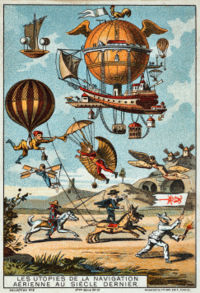 An assortment of flying machines using all manner of balloons, sails and wings the craft themselves range from a ship to a man strapped to a balloon.