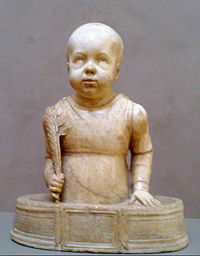 Sculpture of St, Cyricus as a bald toddler standing in a small tub and holding a palm branch