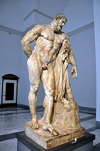 One of the most famous depictions of him originally by Lysippos (Marble, Roman copy called Hercules Farnese, 216 CE)