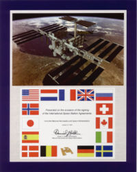A Commemorative Plaque honoring Space Station Intergovernmental Agreement signed on January 28, 1998.