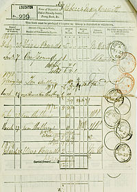 A page with a pre-printed table.  It has handwritten entries showing amounts of deposits and withdrawals, and the balance.  Each entry has a post office date stamp.