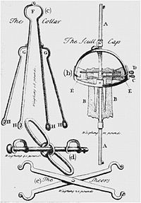 Drawings of five different metallic implements, labeled with letters and names. For example, one is labeled "The Scull Cap", and has a head-shaped round metal frame attached to a long vertical rod, with two long screws penetrating the inner space of the round frame. Another labeled "The Sheers" is a scissor-like device, hinged in the middle, with pairs of hooks on both ends. All devices have their weights written next to them, ranging from 12 to 40 lb (5.4 to 18 kg).