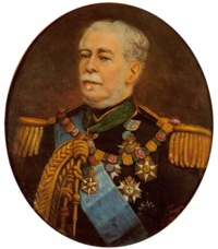 Half-length painted portrait depicting a gray-haired man with moustache wearing a military tunic with epaulettes, lanyards, blue sash, and several medals and orders on his breast and at his neck