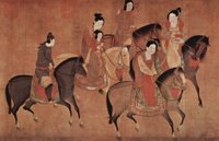 A landscape oriented painting depicting five women in brightly colored dress riding on horses, speaking to one another. Most of the robes are red or include red in them.