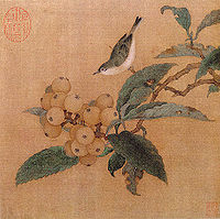 A square painting depiciting a small bird, with a grey top and white underbelly, perched on a branch that ends with a large cluster of orange tinted fruits, each about half the size of the bird.