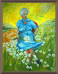 Painting of an elderly woman wearing a blue dress, orthopedic shoes, and "cat-eye" glasses seated in a red armchair in a lush field of white flowers; both are windswept. In the distance is a garish yellow sky