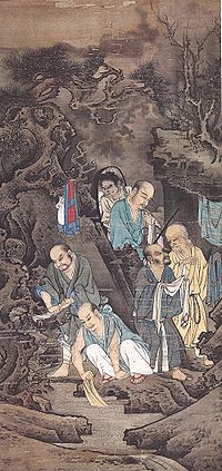 A portrait oriented painting depicting six figures, five elderly, balding men, and one younger attendant, washing clothing on the edge of a river. The background is painted in dark colors while the figures are painted in white and light colors.