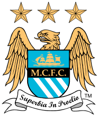 A crest depicting a shield with a eagle behind it. ON the shield is a picture of a ship, the initials M.C.F.C. and three diagonal stripes. Below the shield is a ribbon with the motto "Superbia in Proelia". Above the eagle are three stars.