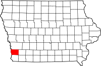 Map of Iowa highlighting Mills County
