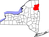map of the U.S. state of New York showing county divisions. One county is highlighted in red