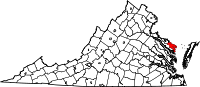 Map of Virginia highlighting Northumberland County