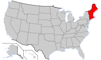 "A picture showing New England highlighted in red in a political map of the United States."