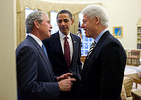 Presidents Obama, Bush, and Clinton discuss the earthquake.