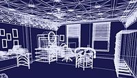 An image of an office created in a 3D wireframe mesh (white on blue); the office has two windows, a desk, an oval-shaped computer monitor, and additional furniture. The walls and decorations of the furniture have art-deco stylings to them.