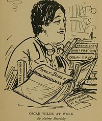 A caricature of Wilde by Aubrey Beardsley, the caption reads "Oscar Wilde At Work".