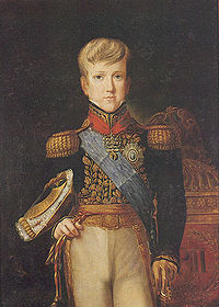 Three-quarters length painted portrait of the pre-adolescent Pedro in gold-embroidered tunic with sash of office and hat tucked under his right arm and left hand resting on the pommel of his sword