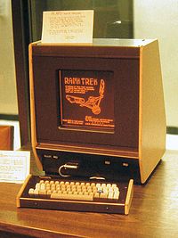 Plasma displays were first used in PLATO computer terminals. This PLATO V model illustrates the display's monochromatic orange glow as seen in 1988.