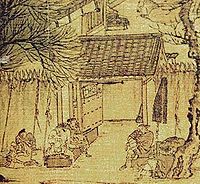 A small, square excerpt of painting showing a large open space enclosed by walls about twice the height of an adult. The walls are topped with large, pyramidal spikes. Several men sit in front of an open thick metal gate.