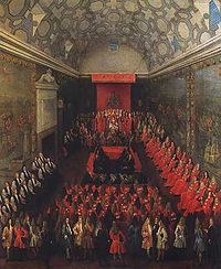 The peerage assembled in the House of Lords addressed by Queen Anne