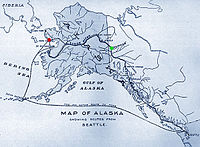Routes from Seattle (lower right) to Nome (red). Similar routes were used a few years before to Dawson (green). Map from 1901