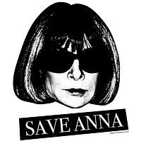 A black-and-white photo of Wintour's head with "Save Anna" in white on black in a banner below.