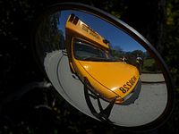 The crossview mirrors allow drivers to see pedestrians and objects close to the front corners of the bus and in front of the bumper.