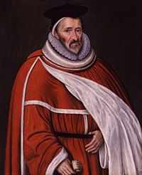 A portrait of Sir Edmund Anderson.  Sir Anderson stands in bellowing orange Justice's robes, with a scroll in his left hand.