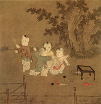 A square painting of four well dressed small boys playing in a circle. Unused toys sit in a corner. The background uses darker colors while the children are wearing mostly white and bright colors.