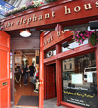 "The Elephant House", a small, painted red café where Rowling wrote a few chapters of Harry Potter and the Philosopher's Stone.