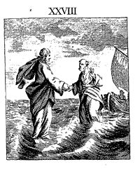 Two men walking on a tempestuous ocean. A boat is in the background.