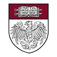 The seal of the University of Chicago. It is in the shape of a shield, with a drawing of a phoenix on the bottom and a book with the University's motto "Crescat scientia; vita excolatur" on the top.