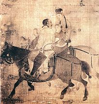 A faded painting with three people on two horses. The nearer horse is black, and a man sits on it facing the farther horse. The farther horse is white and a woman sits on it, holding a small child.