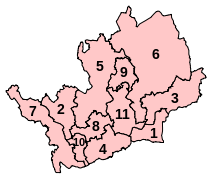 The same map of a county. It is divided into eleven constituencies, some of which have slightly different boundaries.