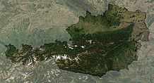 Satellite image of Austria showing the Alps in the middle with the Danube flowing in the northern part