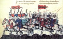 Colorful medieval depiction of a battle. Several figures are shown on horseback riding to the left, with a group of several Mongols being chased by Muslims
