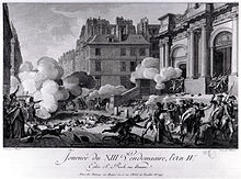 Etching of a street, there are a lot pockets of smoke due to a group of republican artillery firing on royalists across the street at the entrance to a building